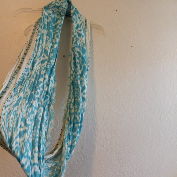 Turquoise Blue & White Ikat Mixed Print Infinity Scarf - Picture 4 of 16